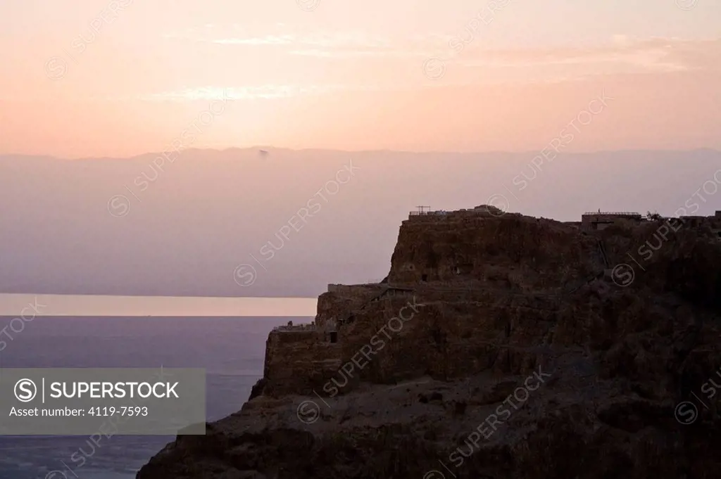 Aerial photograph of the sunrise over Masada in the Judean desert