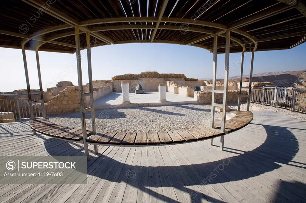 Photograph of a modern balcony facing the northern palace of the archeologic site of Masada build by Herod the Gteat between 37 to 31 BC
