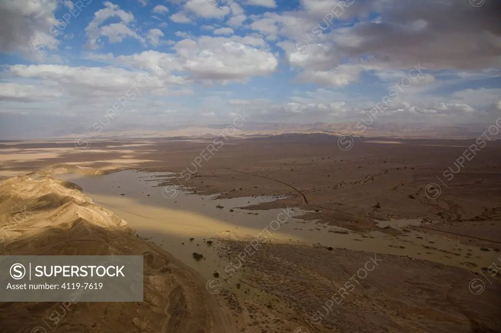 Aerial photograph of a flooded wadi in the Arava