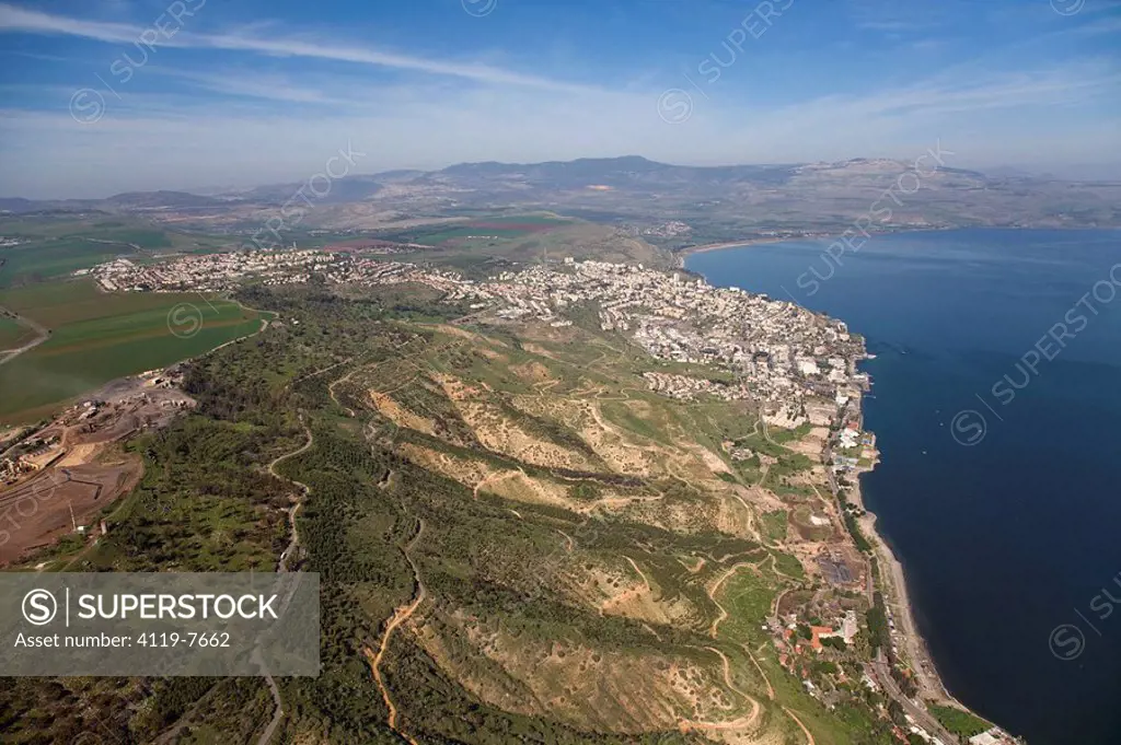 Aerial photograph of the city of Tiberias near the sea of Galilee