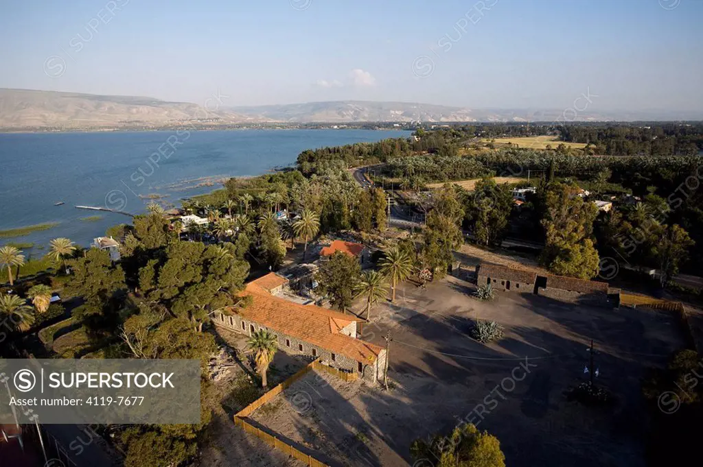 Aerial photograph of the historic Court of Kinereth established in 1908 near the Sea of Galilee