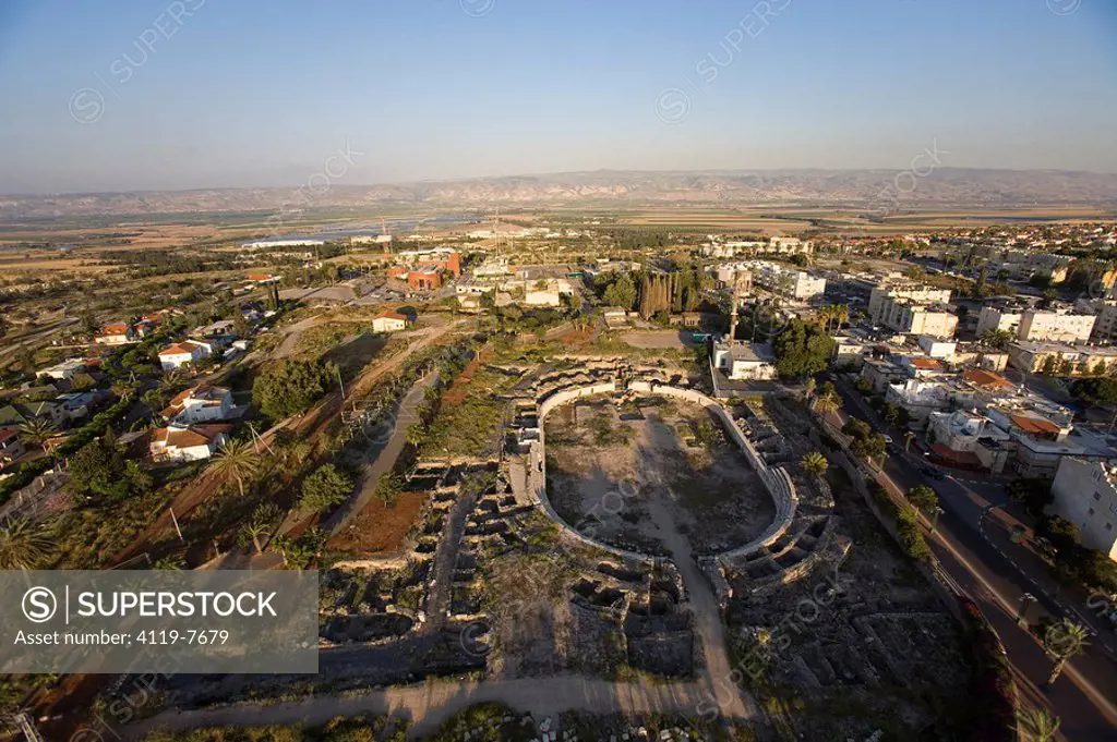 Aerial photograph of the ruins of the Roman city of Beit Shean in the Jordan valley