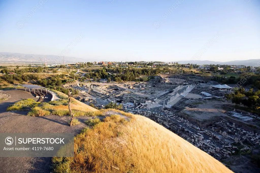 Aerial photograph of the ruins of the Roman city of Beit Shean in the Jordan valley