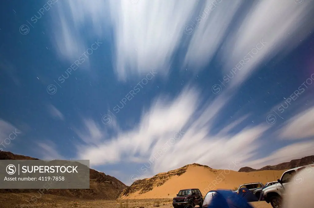 Photograph of the night sky over Wadi Ram in the Jordanian desert
