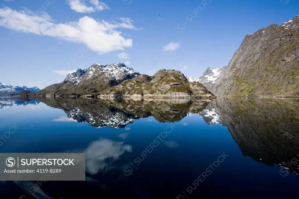 Photograph of a perfect reflection of the landscape of Lofoten Norway