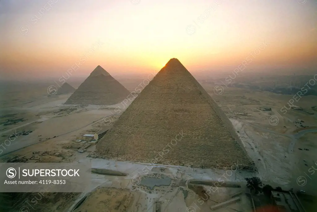 Aerial photograph of the Pyramids of Giza at dawn
