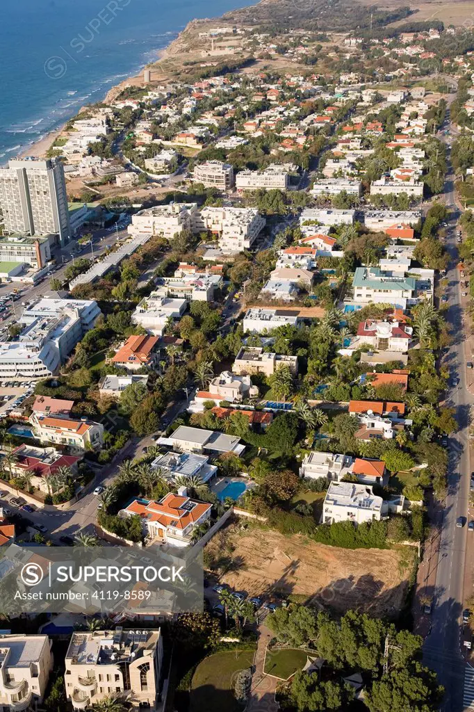 Aerial photograph of the western neighborhoods of the city of Herzliya on the Coastal Plain