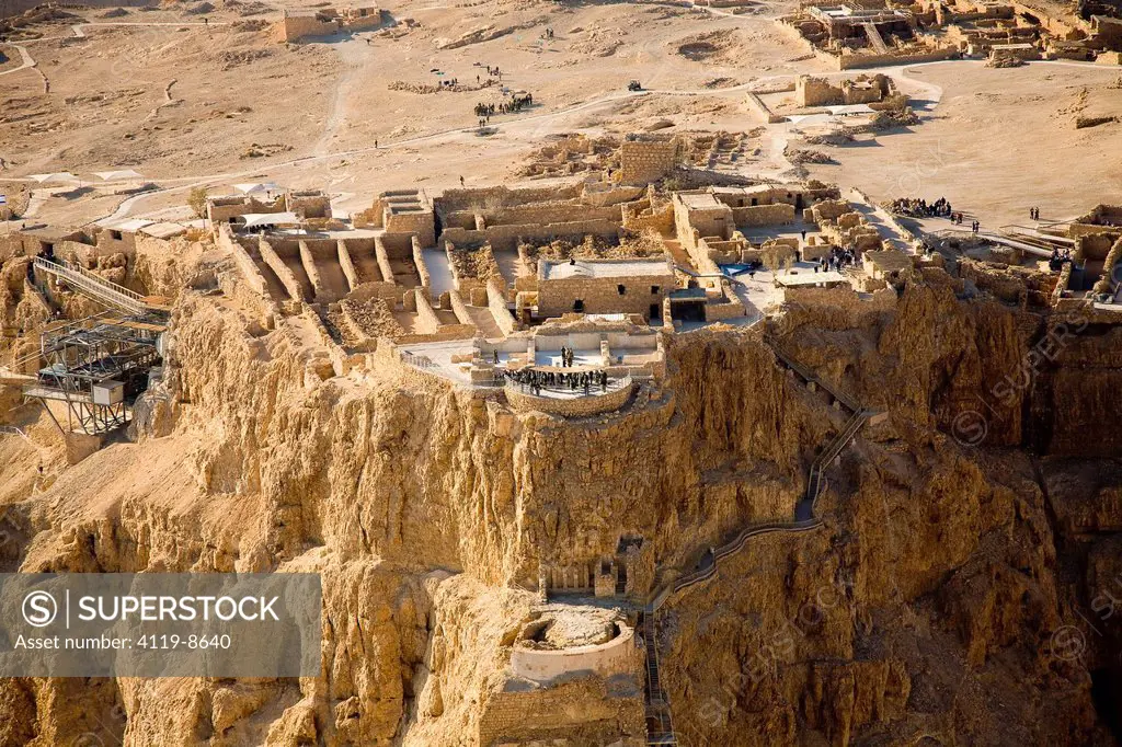Aerial photograph of the archeologic site of Masada near the Dead sea