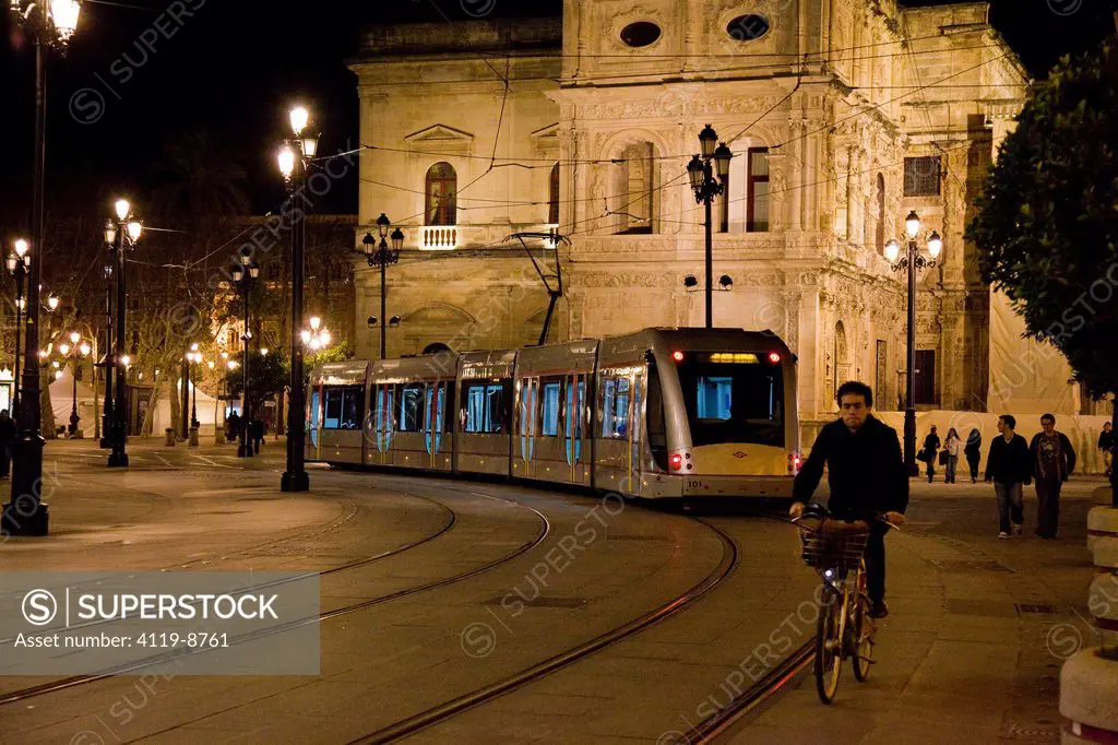 Night photograph of the streets of Seville in Andalusia Spain