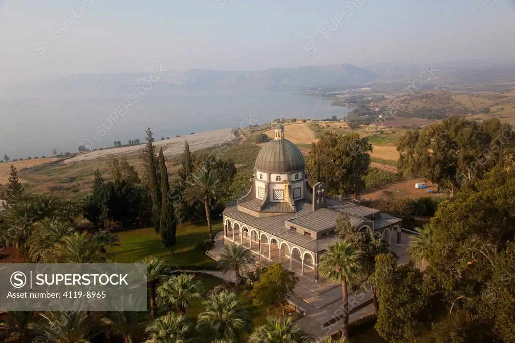 Aeroal photograph of the church of the beatitudes near the Sea of Galilee