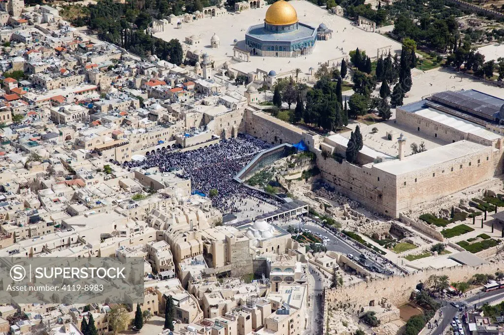 Aerial photograph of the jewish quarter and the western wall in the old city of Jerusalem
