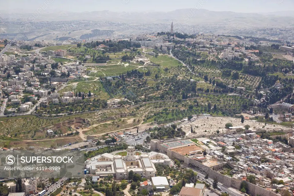 Aerial photograph of the Rrockefeller museum and the old city of Jerusalem