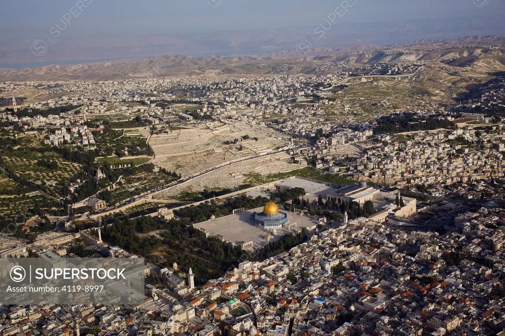 Aerial photograph of the Temple mount and the Dome of the rock in the old city of Jerusalem