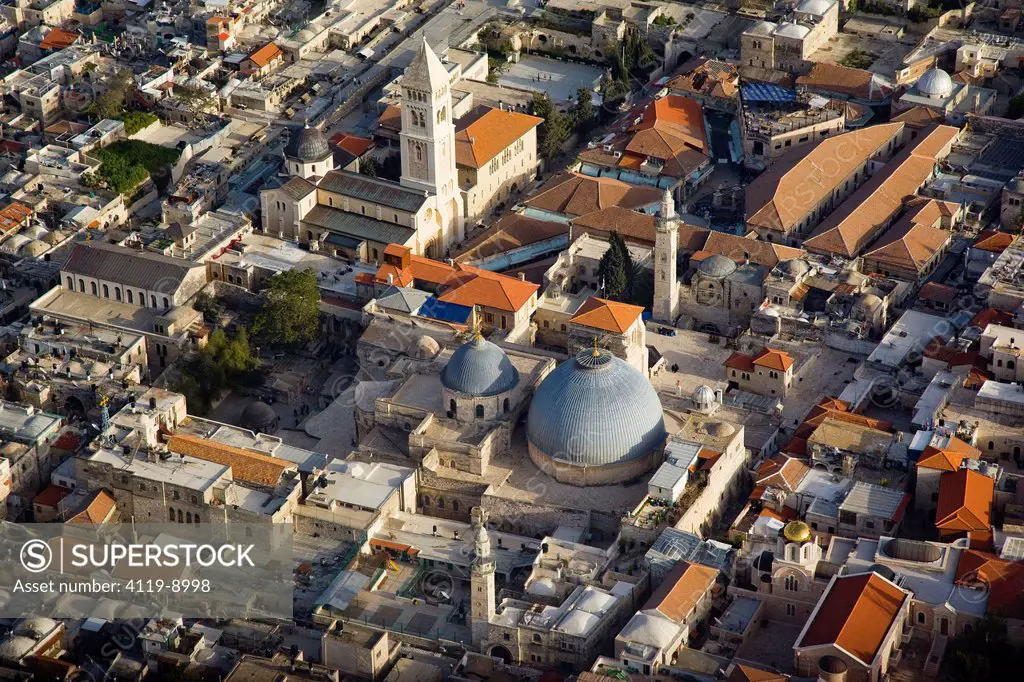 Aerial photograph of the Church of the Holy Sepulchre in the Christian quarter in the old city of Jerusalem