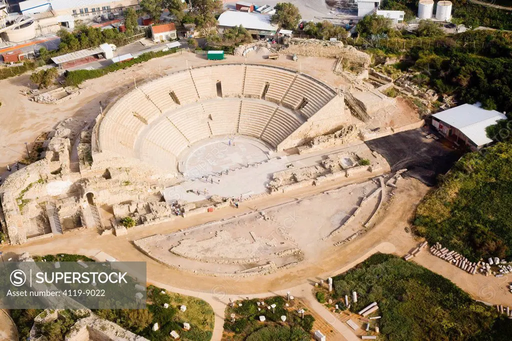 Aerial photograph of the Roman amphitheater in the archeologic site of Caesarea