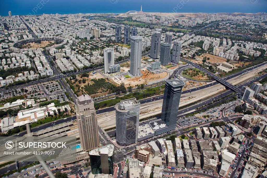 Aerial photograph of the Yoo towers in the city of Tel Aviv