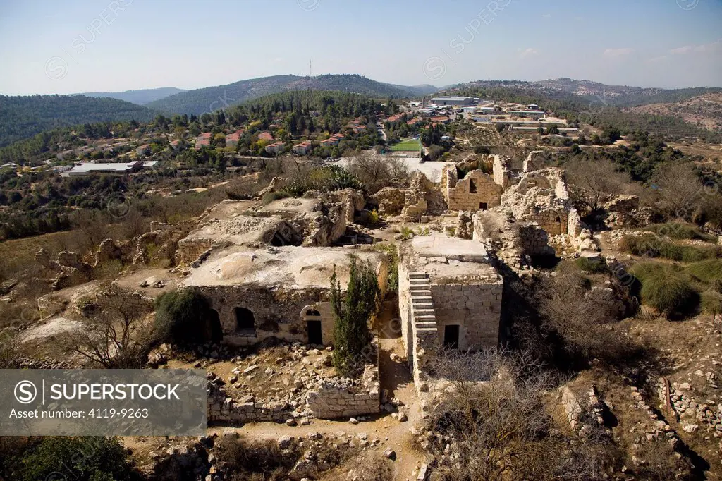 An aerial view of the ruins of the arab village of Suba and Belmont castle in Tzova.