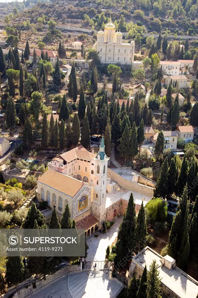 Aerial view of the Church of Visitation and the Russian Orthodox Church in Ein Karem, Jerusalem