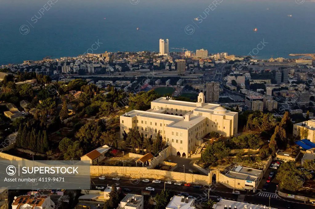 An aerial photo of Haifa cityscape_ the city hall building