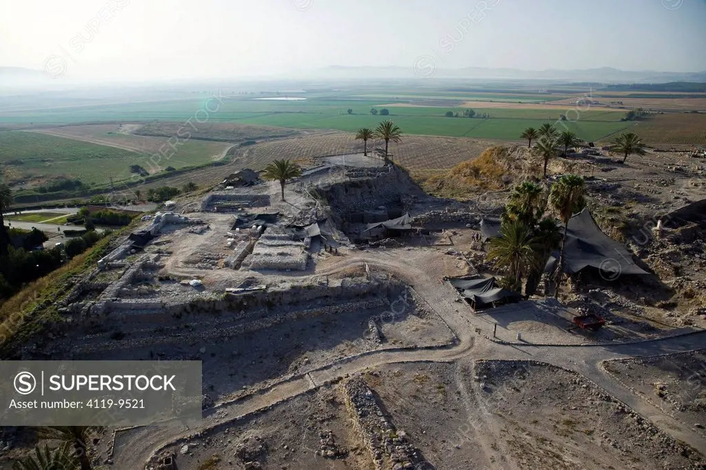 Aerial photograph of the archeologic site of Tel Megido in the Jezreel Valley