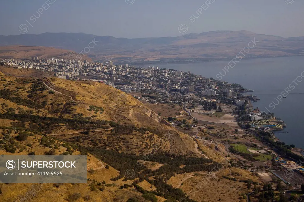 Aerial photograph of the archeologic site of mount Berenice near the Sea of Galilee