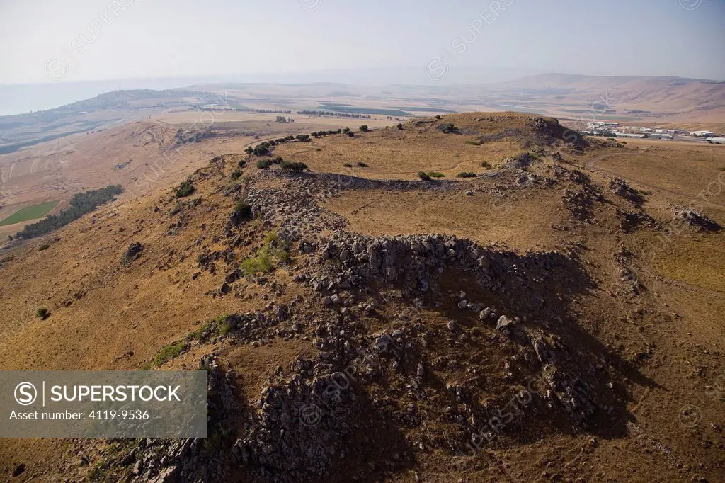 Aerial photograph of the archeologic site of the Horns of Hattin in the Lower Galilee