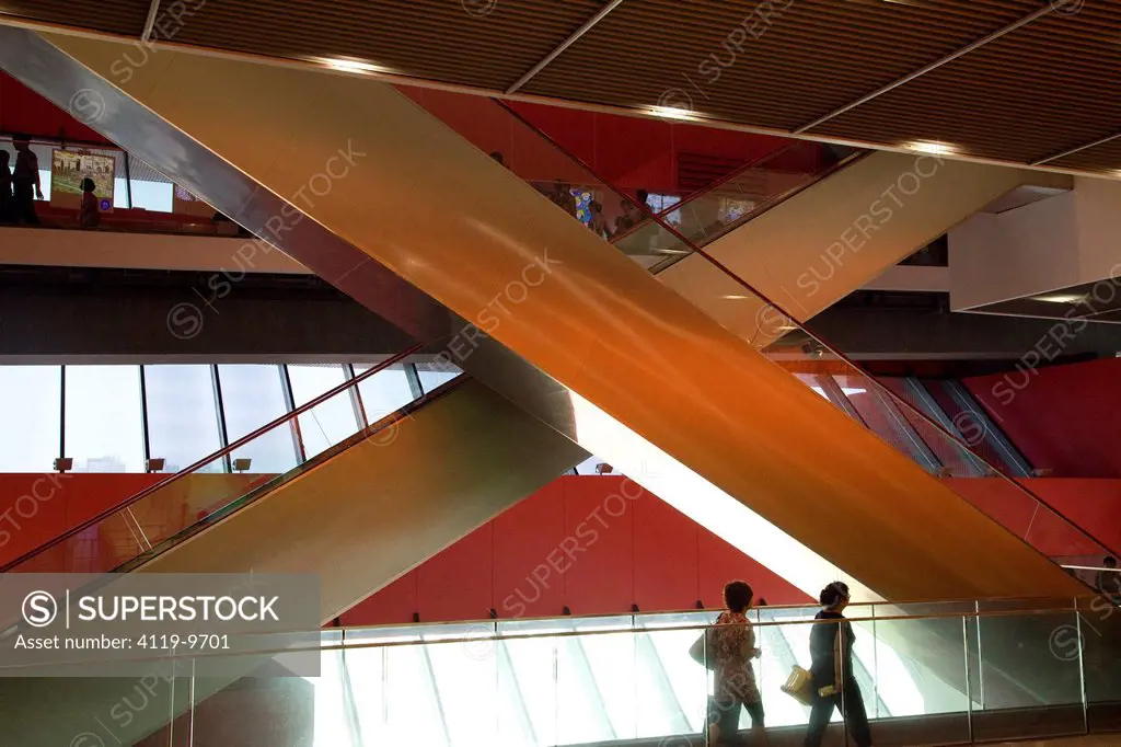 Abstract view of the escalators inside one of the buildings of the Expo ehibition in the Chinese city of Shanghai