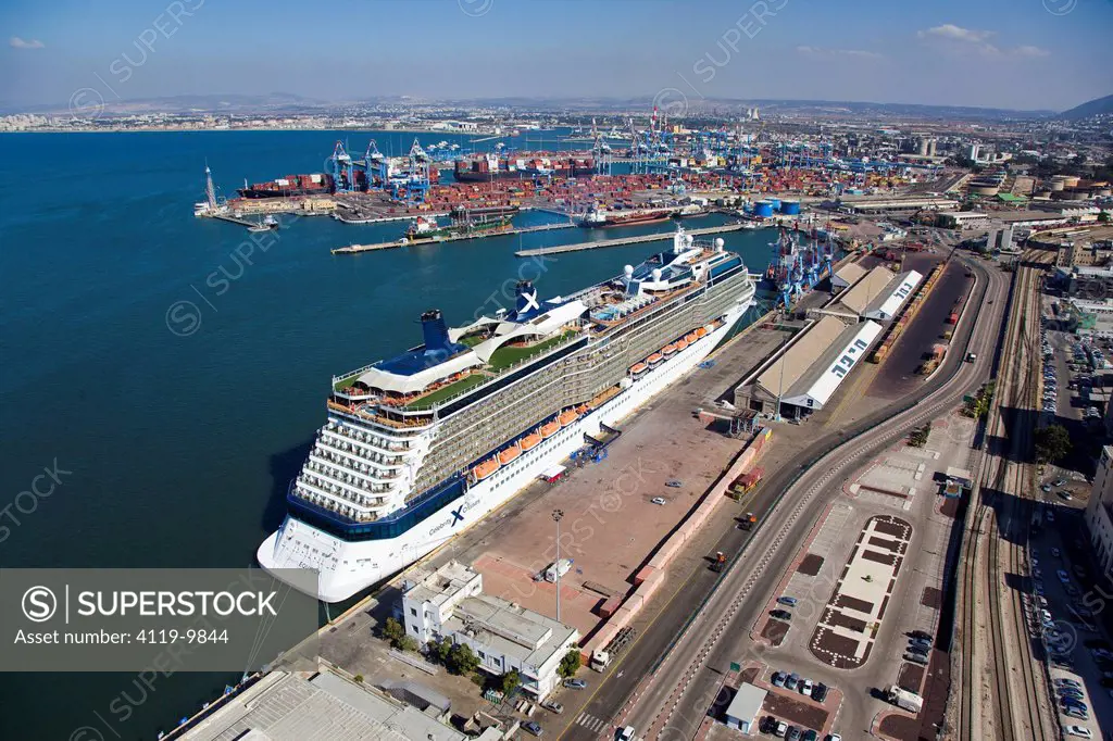 Aerial photograph of the luxuriy passenger ship of Celebrity Equinox docking in the port of Haifa