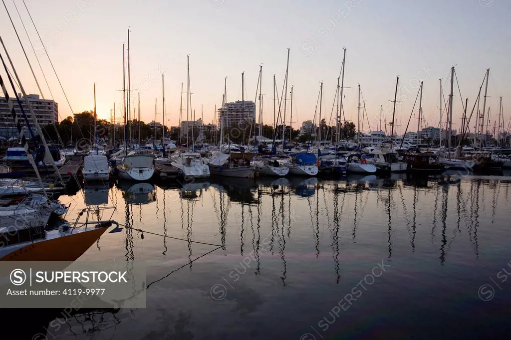 Photograph of a marina in Cyprus at dusk