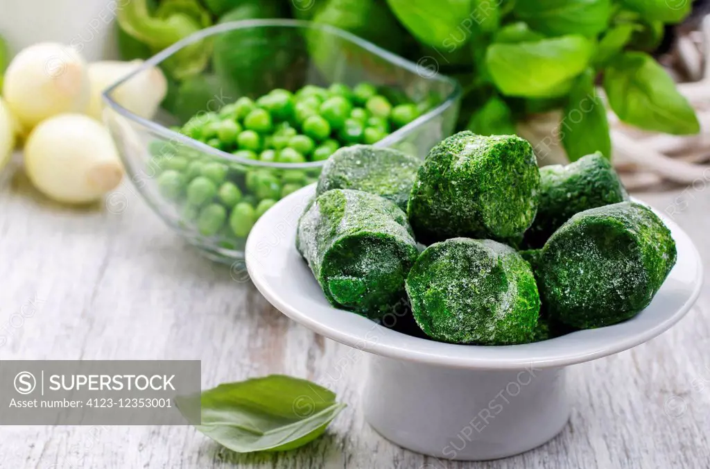 Bowl of frozen spinach. Healthy food