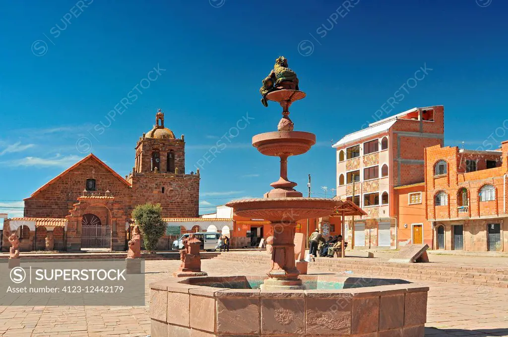 Bolivia, Tiwanaku, Church and Fountain in Main Square