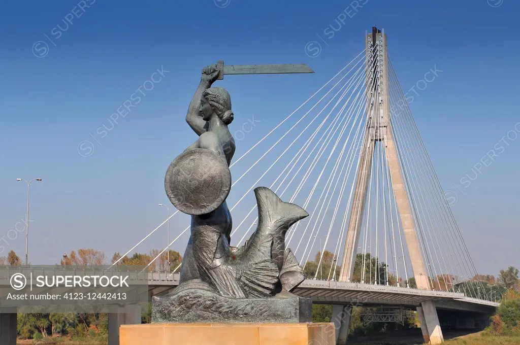 Poland, Warsaw, Warsaw mermaid, Syrenka and Swietokrzyski Bridge