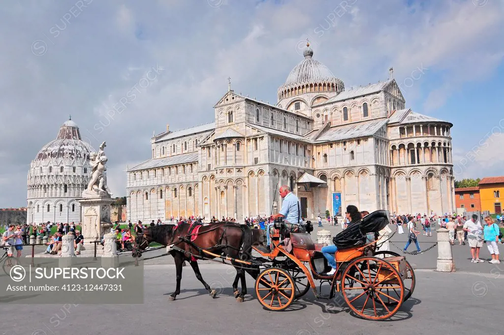 Horse drawn carriage in front of the Cathedral of Pisa, Campo dei Miracoli, Pisa, Tuscany, Italy