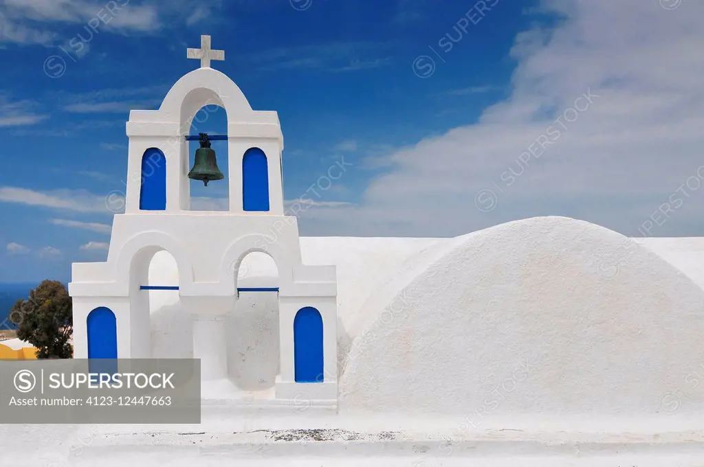 White Blue bell tower at Oia, Santorini, Greece