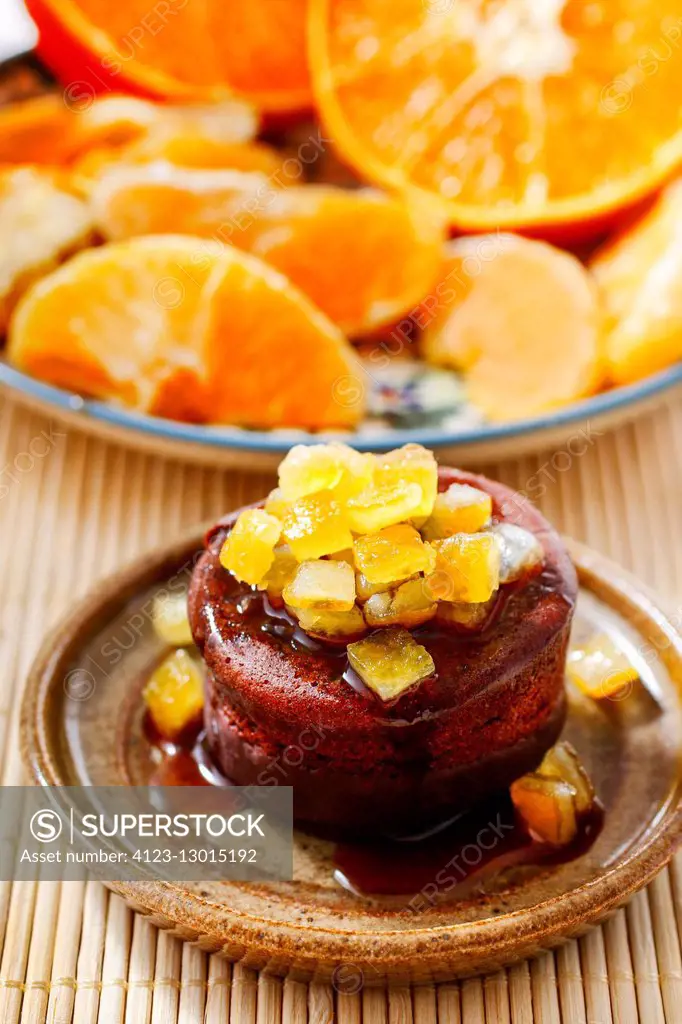 Chocolate cake with candied orange peel. Party dessert