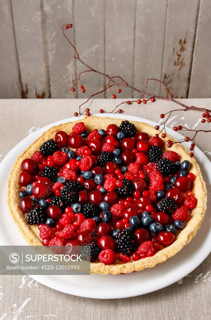 Sweet tart with raspberries, blueberries, blackberries, cherries and red currants