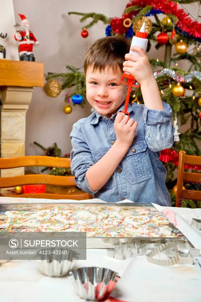 Boy decorating Christmas cake.