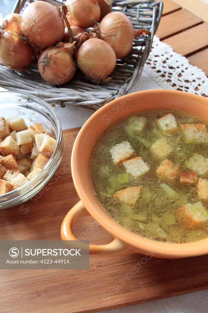 Onion soup with croutons.