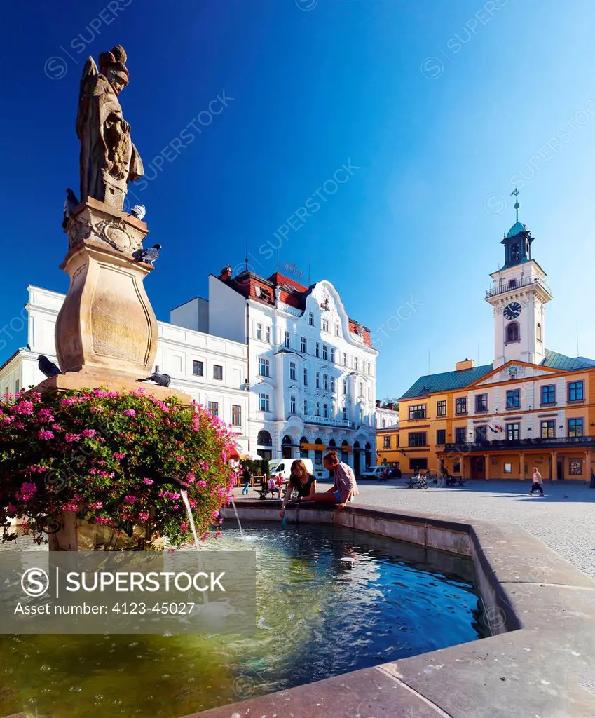 Poland, Silesian Province, Cieszyn. Market Square. Town hall and apartment house 'Brown Deer', well with the figure of St Florian.