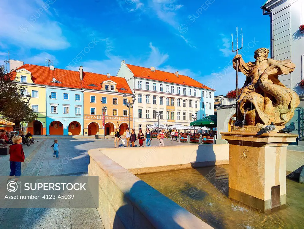 Poland, Silesian Province, Gliwice. Fountain with Neptun on the Market Square.