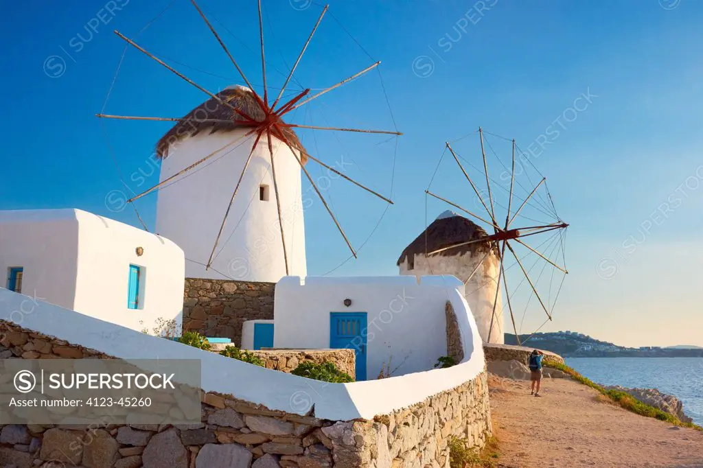 Greece, Mykonos, greek island on the Cyclades archipelago. Historic windmills from XVI century.