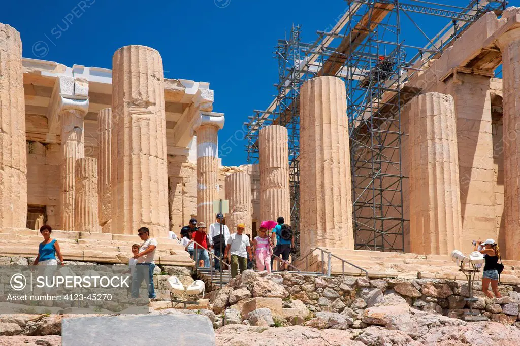 Greece, Athens, Acropolis of Athens, ruins of Propylea.