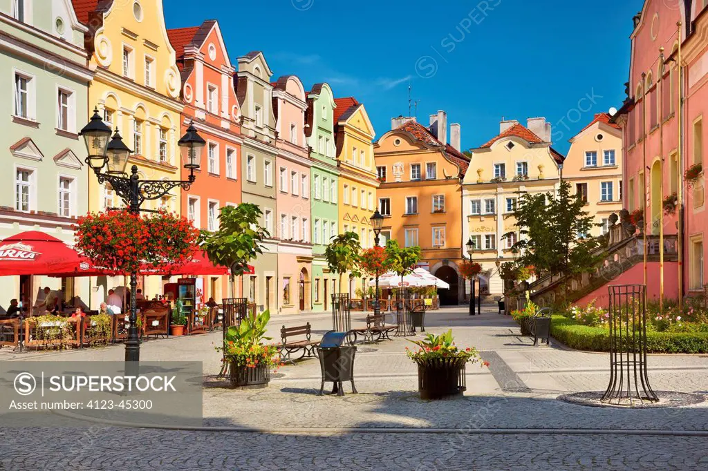 Poland, Lower Silesia Province, Boleslawiec. Historic apartment houses on the Market Square.