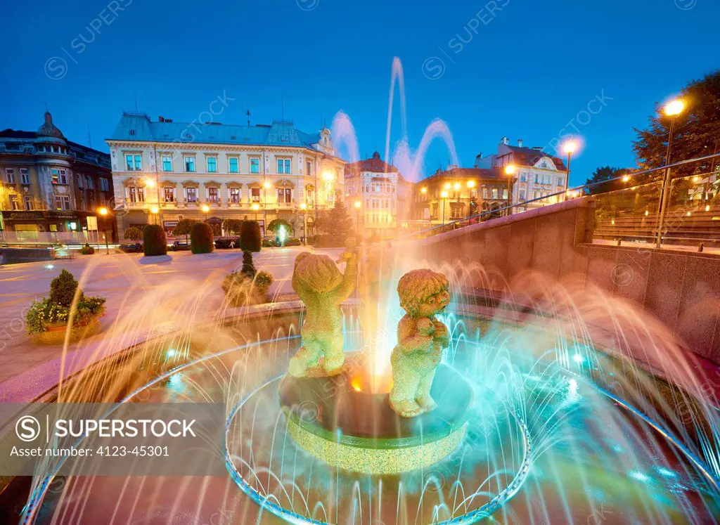 Poland, Silesia Province, Bielsko-Biala. Fountain on the Chrobry Square.