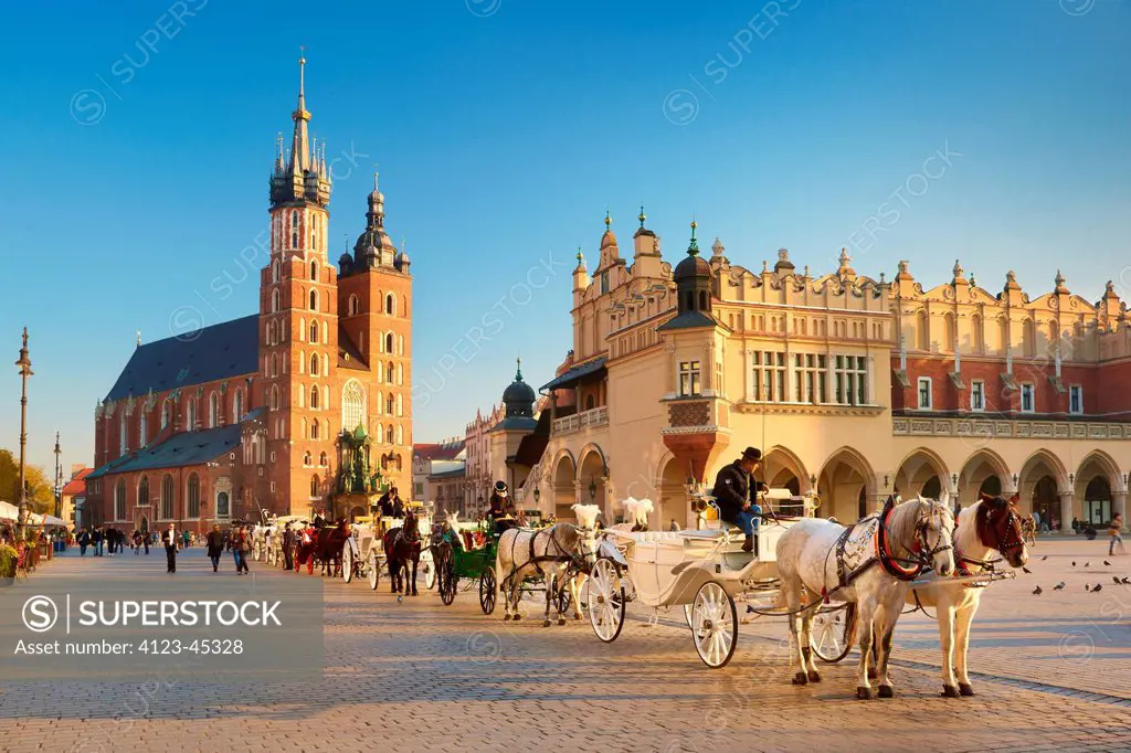 Poland, Malopolskie Province, Krakow. Main Market Square with a view on Cloth Hall and Marian Church.