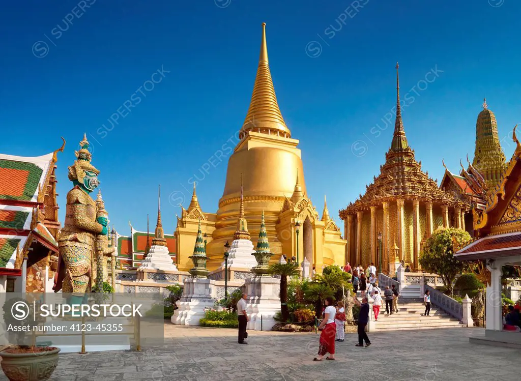 Thailand, complex of the Grand Palace in historic estate of Bangkok, 'Golden Chedi' near The Temple of the Emerald Buddha, Wat Phra Kaeo.