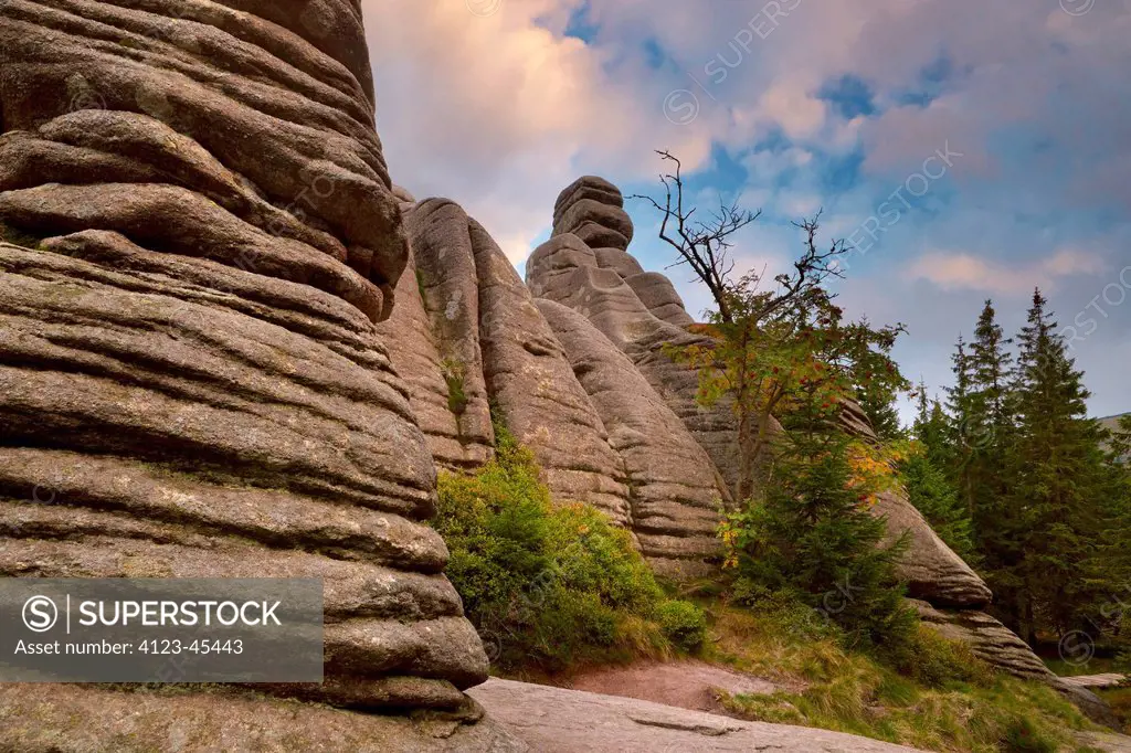 Poland, Lower Silesia Province, the Karkonosze. Rock formrmation 'Pilgrims'.