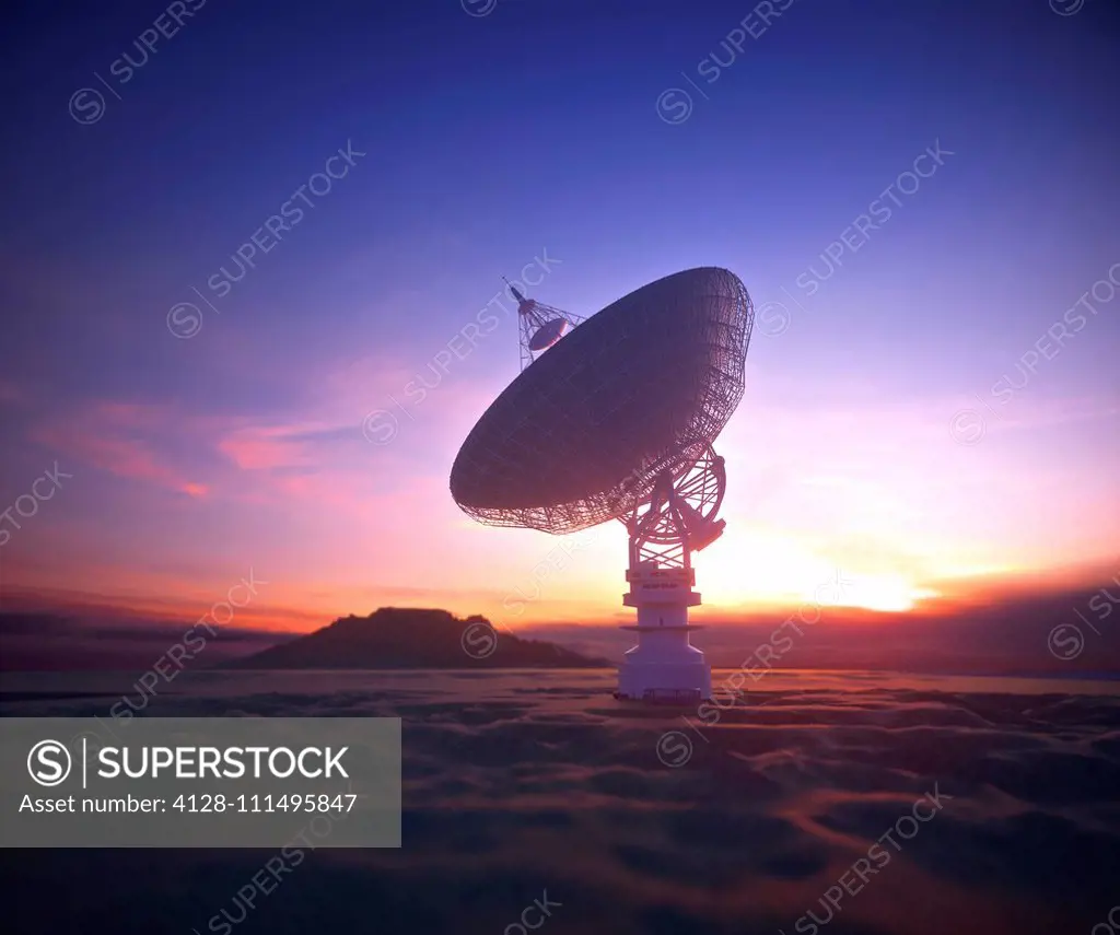 Satellite dish at sunset, illustration.