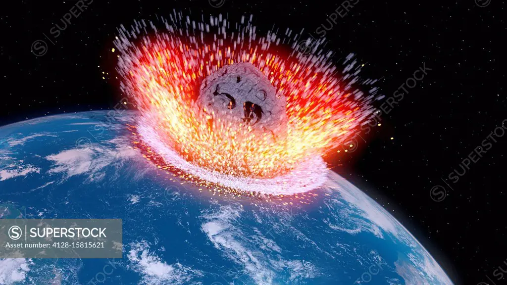 Asteroid impacting Earth, computer illustration.