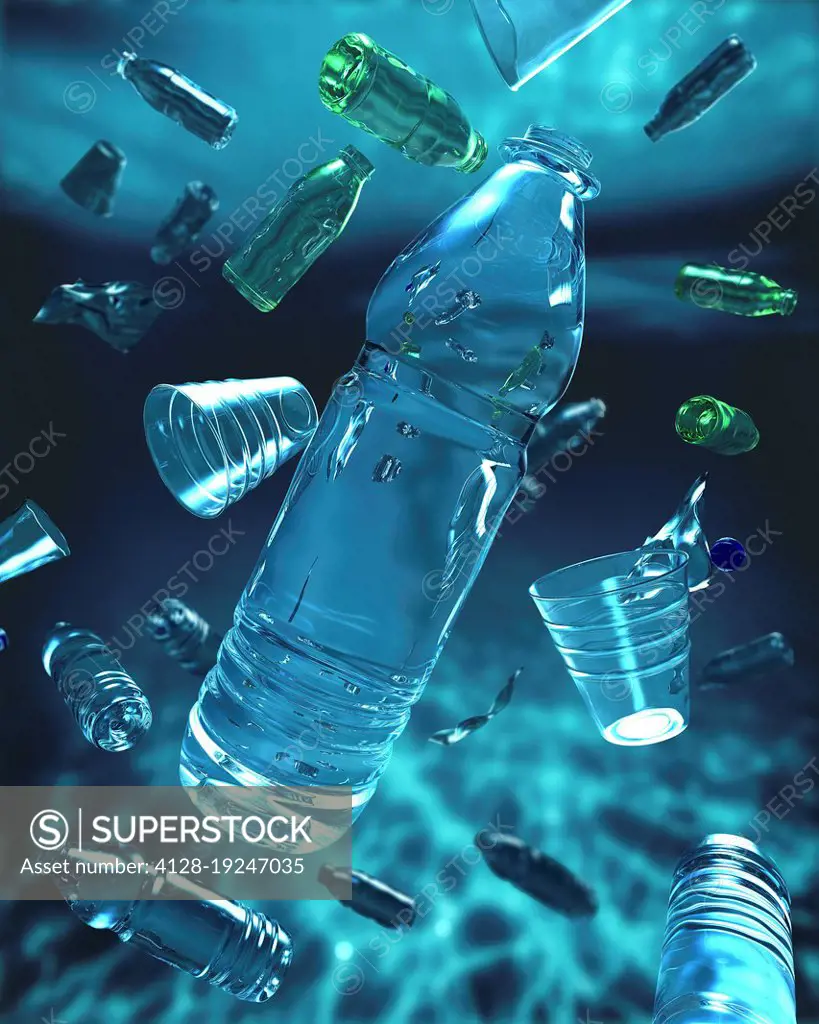 Plastic bottles floating under water, illustration.